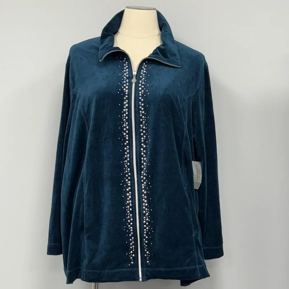 NEW Catherines Velour Cozy Full Zip Jacket Rhinestone Beaded Plus 3X Teal Green - Picture 1 of 6